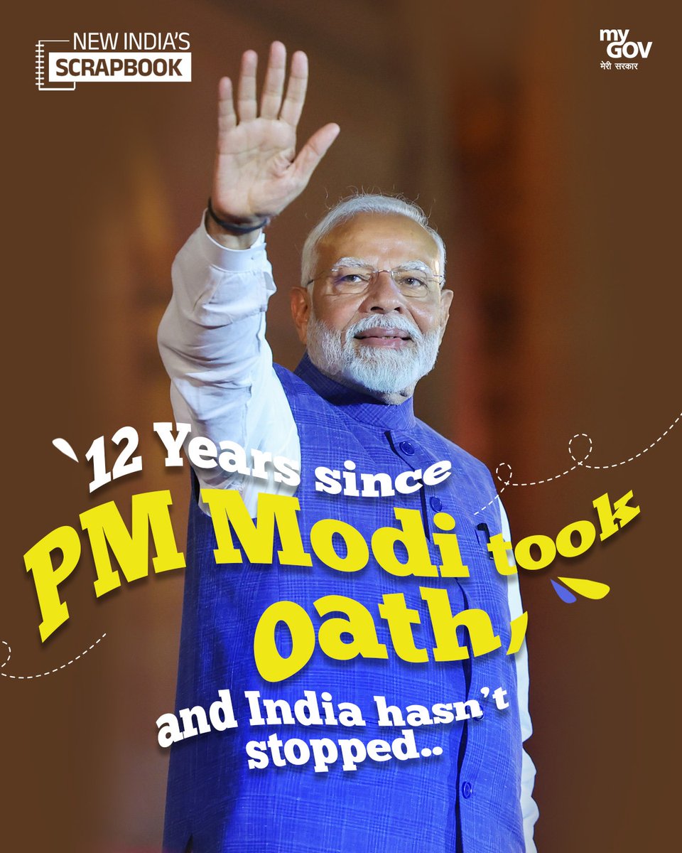 mygovindia's tweet photo. India Keeps Moving Ahead Strongly!

Here’s the latest edition of New India's Scrapbook. 12 Years since PM @narendramodi took oath, and India hasn’t stopped building cleaner transport with India’s first hydrogen-powered train, taking Made in India products global, winning medals and breaking athletic records, transforming emerging cities into innovation hubs, and expanding postal services across the country. 

A New India that keeps moving forward with speed, scale and innovation.

#NewIndiaScrapbook
#NewIndia
#Scrapbook