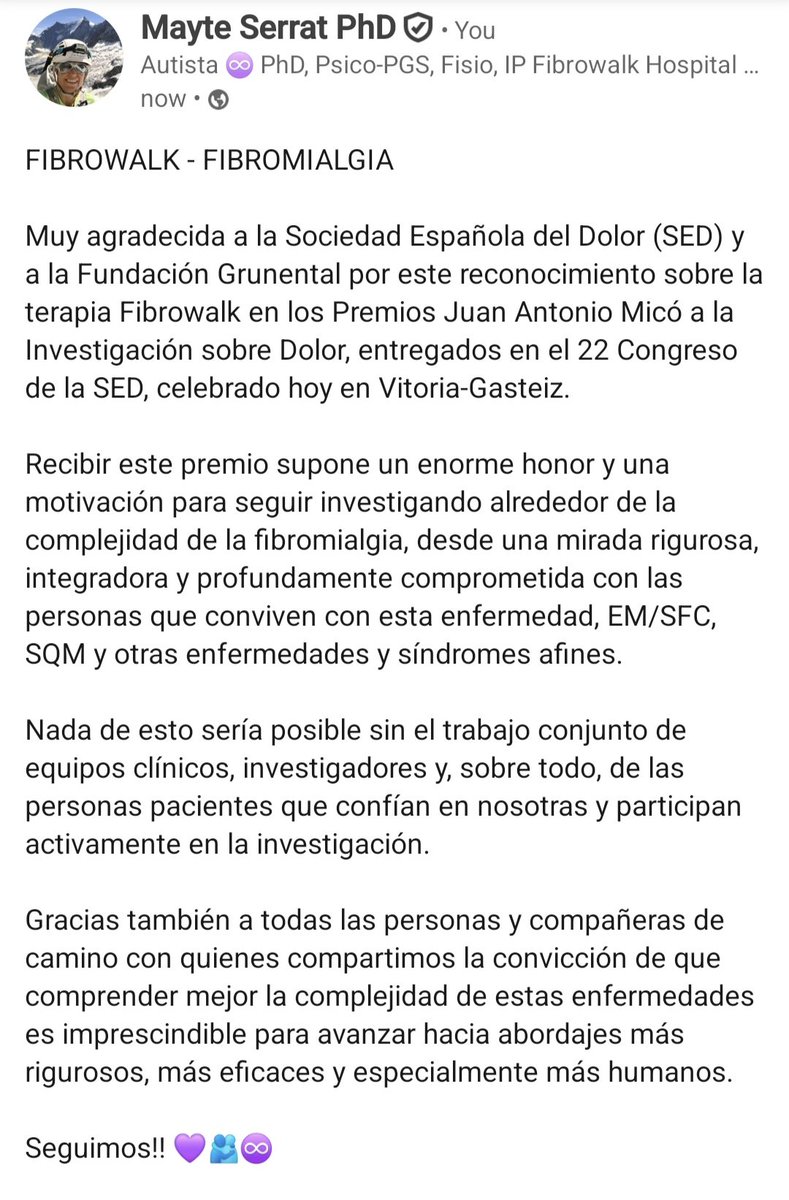 mayteserrat's tweet photo. FIBROWALK

Muy agradecida a la Sociedad Española del Dolor (SED) y a la Fundación Grunental por este reconocimiento a la terapia Fibrowalk en los Premios Juan Antonio Micó entregados en el 22 Congreso de la SED, celebrado hoy en Vitoria-Gasteiz.

Seguimos!! 💜🫂♾️

#SEDolor26 https://t.co/Fq63ojeGFX