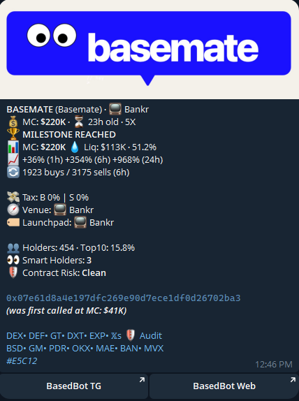 solgoodman's tweet photo. @BasedPings on @base chain pinging @basemateagent for a 5x that you bought via @BasedBot 

how cool is that? lol https://t.co/2YA53sh08b