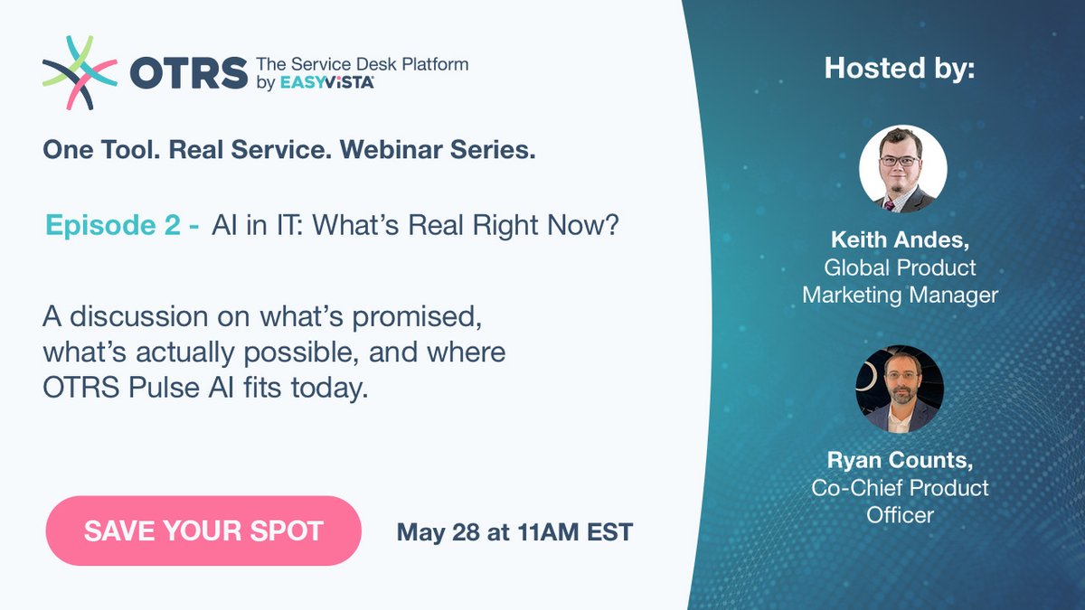 OTRSGroup's tweet photo. #AI in IT is full of promises. But what can teams realistically implement today?

📅 Join us tomorrow at 11 AM EST and see how OTRS Pulse AI fits into modern IT operations.

Save your spot now: https://t.co/hMUnkdYEoc https://t.co/UxtxAxmmdp