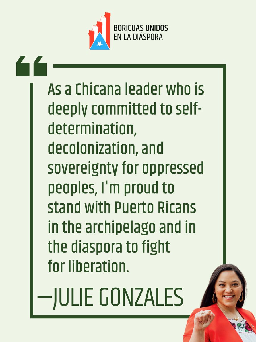 BUDPR's tweet photo. This is a time for bold leaders who believe in decolonization and sovereignty for all.

Let's send Julie Gonzales to the U.S. Senate to fight for Colorado, for Puerto Rico, and for all working families and oppressed peoples! https://t.co/jIrFrcHlhk