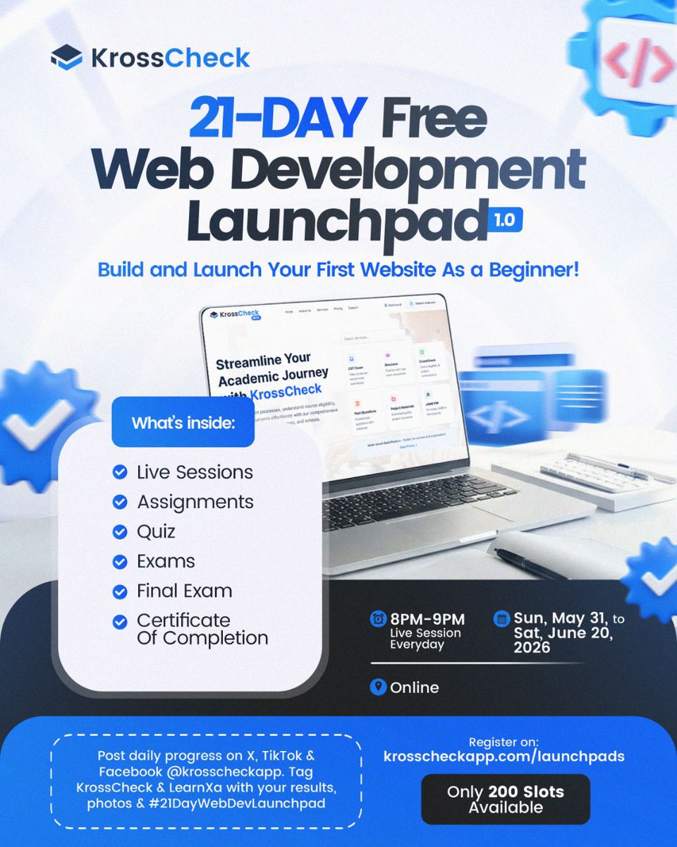 krosscheckapp's tweet photo. We’re excited to announce that enrollment for the "FREE 21-Day Web Development Launchpad" is now open!

Build and launch your first website as a beginner while using HTML, CSS &amp; JavaScript.

Use this link to enroll: https://t.co/IisPETPGAj https://t.co/x58gFYqGmo