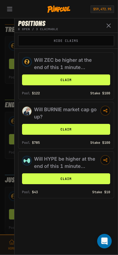 PopPunkOnChain's tweet photo. We pushed a few new things to the @pumpcade open beta

On desktop and mobile, you can now track your active positions and claimable winnings on any page

Important to note, with the introduction of the v1 protocol, the app performs "lazy claiming" on your next action

Pumpcade https://t.co/i7S6Ch96df