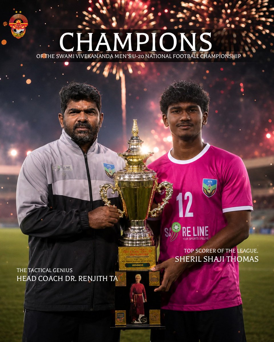 GokulamKeralaFC's tweet photo. Champions of India! 🇮🇳🏆
A proud moment for GKFC to see Head Coach Dr. Renjith TA lead from the sidelines and Sheril Shaji Thomas emerge as the tournament’s top scorer. Congratulations on this incredible achievement! 💪🏆
#gkfc #malabarians #GoalMachine #TopScorer #U20NFC https://t.co/NzGzZhrYQr