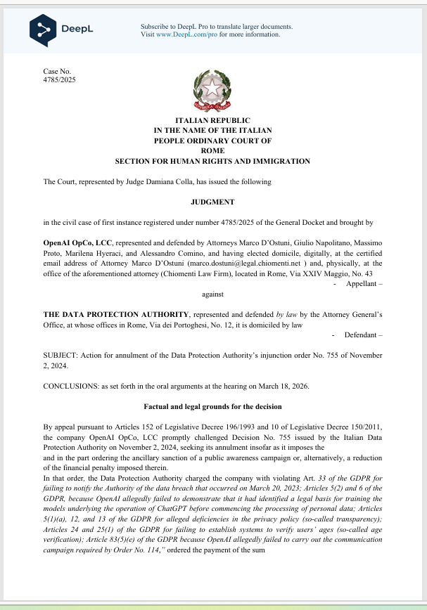 montezumachavez's tweet photo. The decision we've been waiting for has finally arrived.  

I'm reading the decision from a Rome court, which overturned the 15-million-euro ($17 million) fine that Italy's data protection authority imposed on OpenAI for failing to comply with the GDPR. https://t.co/dy2arGQDj9 https://t.co/tXDEANLkye