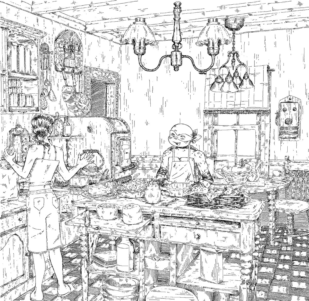 AFunkyFreshMan's tweet photo. I'm not coloring this fuck u
April and Mikey are cooking idk they are cooking yayayayya
Part like 4 of me using Mikey to figure out backgrounds 
#tmnt #tmntfanart #tmntmikey #tmntapril https://t.co/9KVBCoW6gc