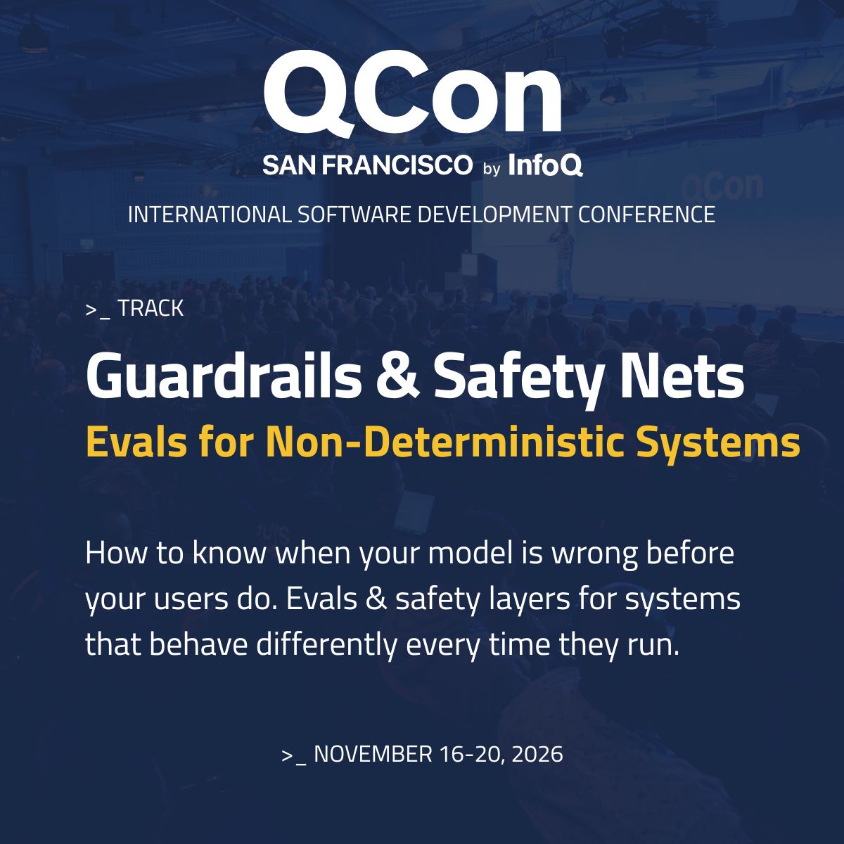 QConSF's tweet photo. You got the LLM working. Now you're dealing with inference cost at real volume and a system that gives a different answer every time. 

4 tracks on exactly this at QCon San Francisco 2026, Nov 16-18: https://t.co/yUfDOvIKlm https://t.co/G6GpaTgzfX