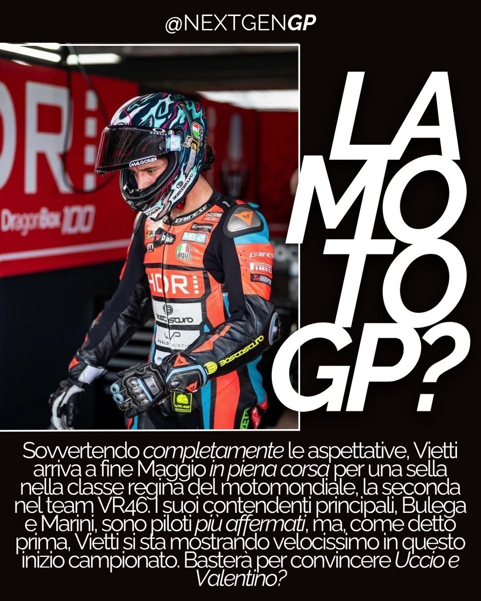 NextGenGP_'s tweet photo. Celin al Mugello per…

Abbiamo provato a dire la nostra sul possibile futuro prossimo (e non) di Celestino Vietti, visto che il GP d’Italia potrebbe rappresentare uno snodo cruciale per il pilota del team SpeedUP RS. 

Diteci la vostra nei commenti e sostenete il progetto! https://t.co/FZg544yJ2U