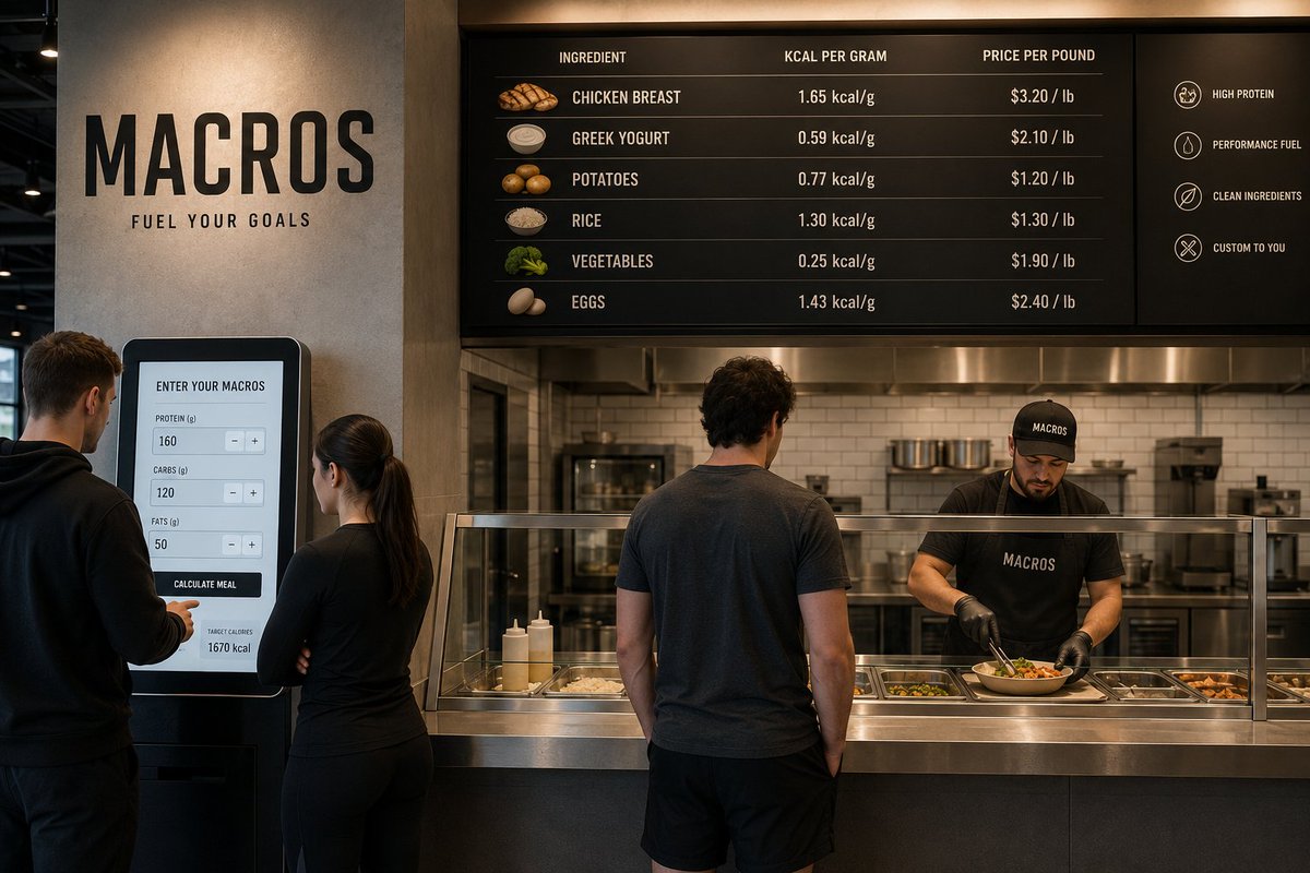 Miki53688453's tweet photo. Imagine a restaurant chain called “Macros.”

You walk in, tap your target macros into a kiosk — protein, carbs, fats, calories — and choose your preferred ingredients: chicken breast, rice, potatoes, greek yogurt, eggs, vegetables, etc.

The system instantly designs the optimal meal to hit your numbers exactly.

Then a cook behind the counter assembles it Chipotle-style, weighing every ingredient on a scale down to the gram.

Fast food for people who track their calories.

@DeanTTraining why aren’t you doing this?