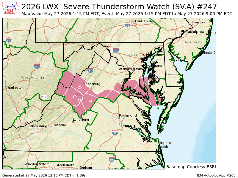 DMV_WX's tweet photo. LWX issues Severe Thunderstorm Watch (26 areas) till May 27, 9:00 PM EDT https://t.co/kGrl0aXWmD https://t.co/bAsVUtjQtB