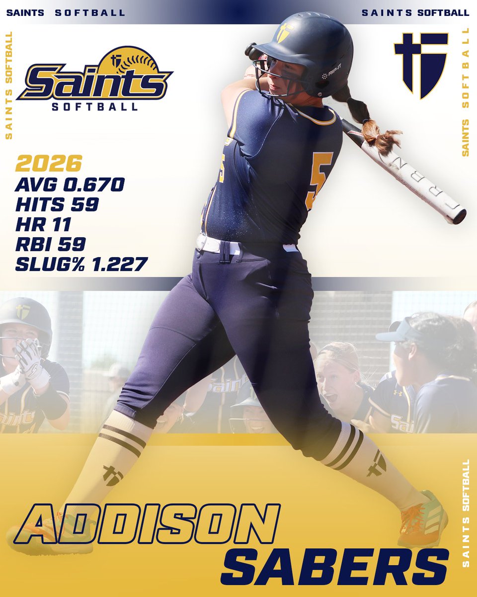 GoAquinasSaints's tweet photo. Addison Sabers has put up a historic season for the Saints in her junior year.  The Penn State commit has the single season record for hits, homeruns, and RBIs along with the career records of 23 homeruns and 135 RBI as a junior!  The Saints are back in the State Semifinal on Thursday vs Great Bend as they look to defend their Kansas 5A State Title!  #stasaints #goaquinassaints