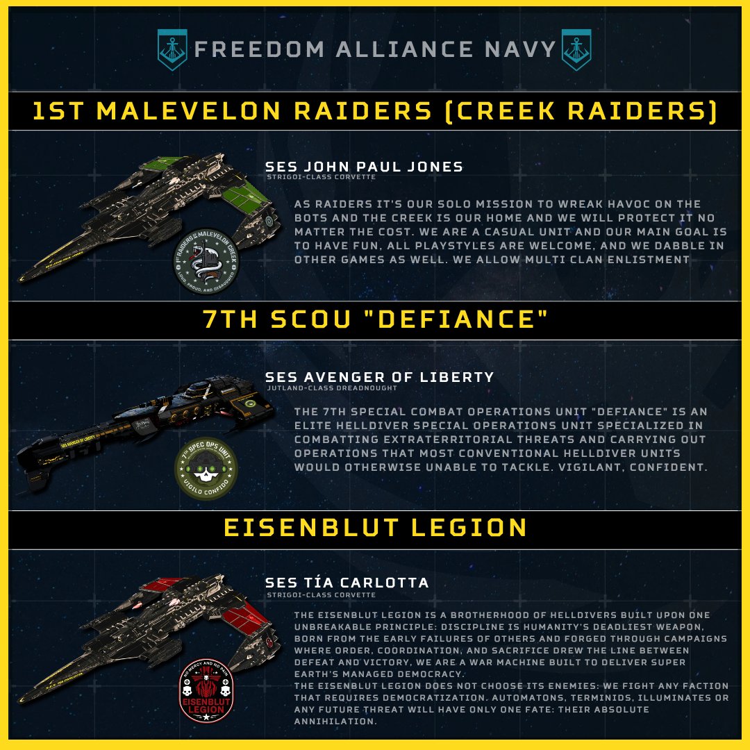 StriderOfValor's tweet photo. Freedom greetings, Helldivers. This is round 5 of the Freedom Alliance Navy Clan showcase. Enjoy these fan made ship styles! Happy Wednesday!😎

This tool is FREE SO NO PAYWALL. It's both browser based and easy to access. Check it out @ https://t.co/xgXb0Won3M 🔥

#helldivers2 https://t.co/33IhT2NrBV