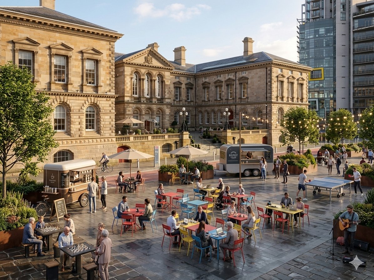 CircleLineBT's tweet photo. Does anyone else feel like Custom House Square is massively underused?

It’s one of Belfast’s best public spaces architecturally, but outside the occasional concert or film set it mostly sits empty.

No seating. No café culture. No everyday activity.

What’s frustrating is that @CommunitiesNI is the custodian of the square, not @belfastcc so it often feels disconnected from wider city centre animation efforts.

Could be a brilliant civic space with tables, chairs, coffee carts, greenery and somewhere people actually want to spend time.

What would you add to the square?