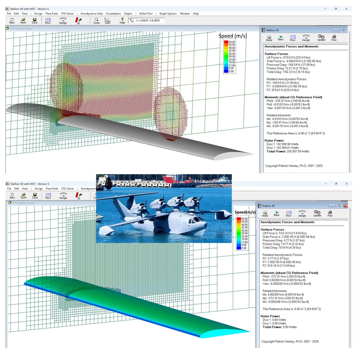 pat_hanley's tweet photo. Trying to understand top-mounted WIG props  🧐
I saw the inset picture in a post.  So, I did Stallion 3D CFD simulations of simplified models to compare effects. Both (6X1 m) wings are in ground effect at 20 m/s. Props modeled by linearly varying discs, 2000 N each.   
Model with props:  L = 886 N, D = -158 N 
Just the wing in ground effect: L = 510 N, D = 20 N
Stallion 3D info. ➡️ https://t.co/VX7RIBdE9i
Discussion:  Top mounted props seem to induce "wing-thrust", similar to duct-trust.  What do you think 🤔
Assumption: The propulsors for the wing-only case do not interact with the wing.