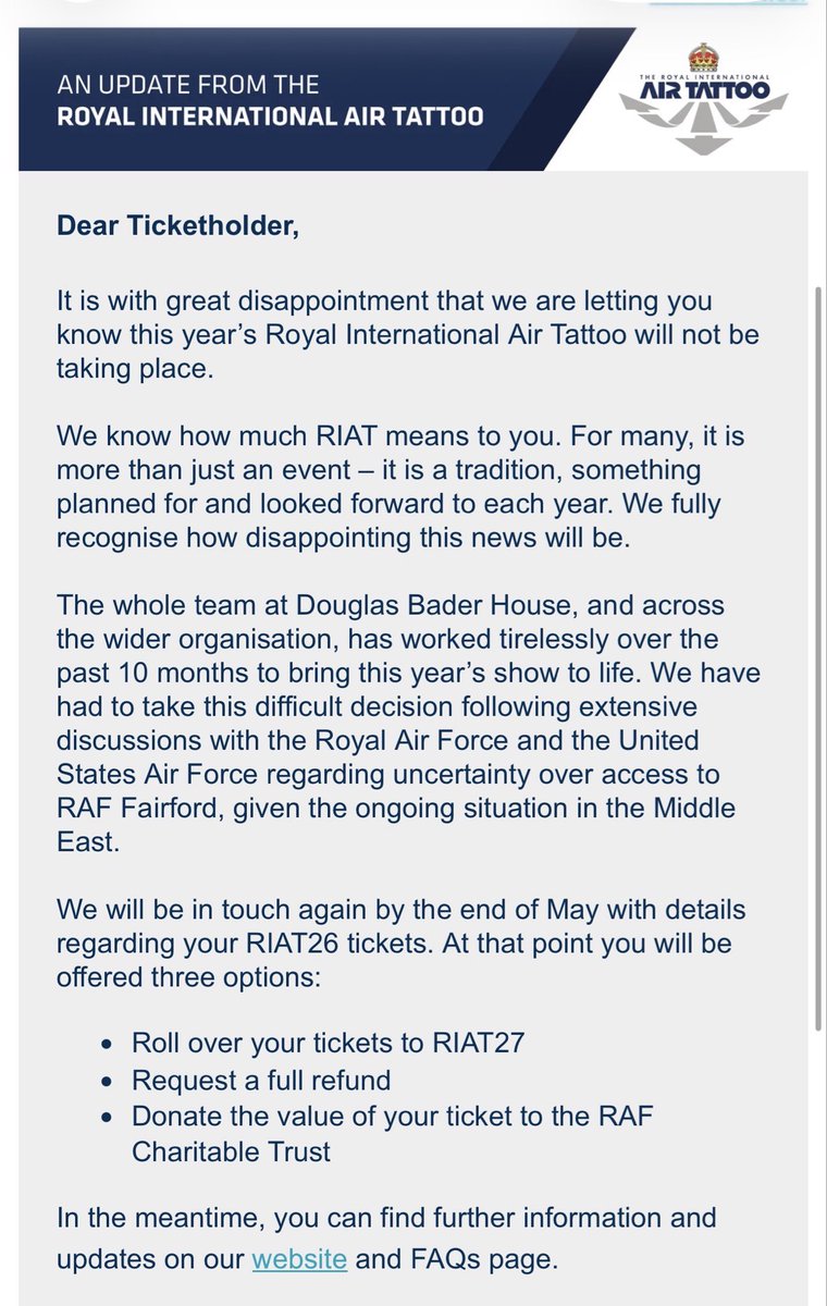 rob_aviator's tweet photo. Genuinely gutted to see RIAT 2026 cancelled.

For a lot of us it’s more than an airshow, it’s a yearly pilgrimage.

Totally understand the reasons, but it’ll leave a massive hole in the aviation calendar this summer! #RIAT #RAF #aviation #avgeek https://t.co/vccN9S5BaG