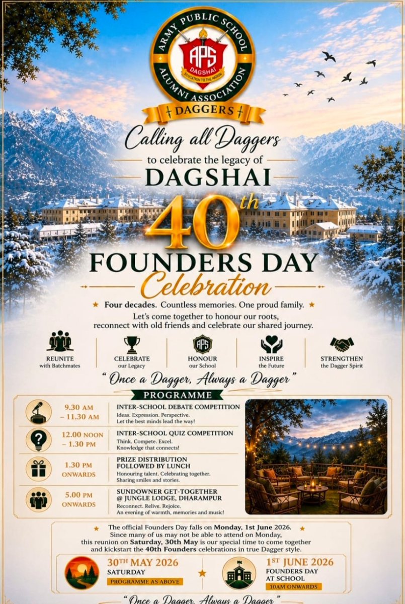Official_APSDAA's tweet photo. An impromptu reunion is being planned for Sat, 30th May to celebrate 40 glorious years of APS Dagshai.
For more information, please refer to our Facebook and Instagram channels, or contact Ajitinder Mansahia, Secretary APSDAA @ +91 97797 07177
Once a Dagger, Always a Dagger. ⚔️ https://t.co/rg4BGDUZnc