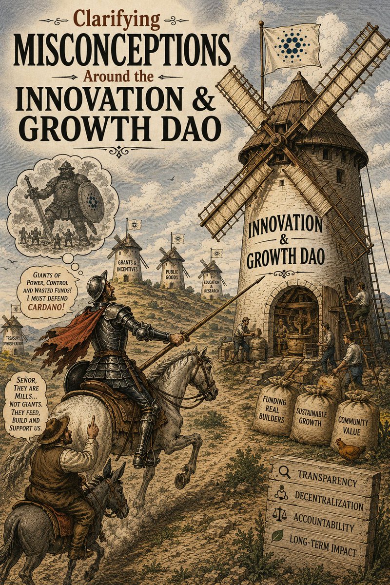 RodrigoPacini's tweet photo. 📌 Surfacing Innovation & Growth DAO Feedback and Misconceptions 

In #Cardano governance, proposals are often judged not only by what they actually say, but also by DReps’ and community members’ assumptions, prior frustrations, fears, expectations, and interpretations projected onto them. 

The Innovation & Growth DAO proposal was submitted to the Intersect Budget Process a few weeks ago, and over this period we received community feedback on it, including comments on X and two reviews directly on the Intersect Hydra Voting platform from DReps outside the proposal’s core working group: @yutazzz and @SIPO_Tokyo

We responded to these comments both on X and on the Hydra Voting platform. You can check the proposal itself, the reviews, and many of the responses directly through the link below👇

https://t.co/iiUQfoklUt

However, instead of leaving the discussion scattered across tweets, DMs, and buried inside the Intersect Hydra voting app, which, despite good intentions, almost nobody reads consistently, let’s be honest 😅, I decided to surface and address the most recurring questions and concerns in a short public series on X over the next few days.

But before getting into the responses themselves, I think some additional context matters.  

Misconceptions, assumptions, and incomplete interpretations have played a major role in Cardano governance discussions since the early #ProjectCatalyst days, and they continue to shape how people evaluate on-chain Governance Actions today.

There is a reason Cardano’s governance testnet was named SanchoNet, it was a homage to Sancho Panza, Don Quixote’s grounded companion in Cervantes’ classic. 🏰

In Don Quixote, the famous scene is not only about a man fighting windmills. It is about perception: Don Quixote sees threatening giants where there are, in reality, windmills.

Governance discussions can work in a similar way.  Every proposal has two versions:

🔸 The actual written proposal, with its stated purpose, scope, and definitions;

🔸 And the version each reader reconstructs through assumptions, skepticism, prior frustrations, fears, expectations, or ideals.

Sometimes the “giant” being debated is not the proposal itself, but an imagined version of what people fear it might be. ⚔️🌪️

That does not mean skepticism is wrong. Quite the opposite. Sancho Panza matters because he brings realism, common sense, and grounded judgment into a world of projections and dramatic interpretations.

As a DRep, I understand the skepticism. Our ecosystem has developed some scar tissue from past problems, and stronger scrutiny is a natural response. We are not trying to avoid criticism. Solid proposals should be challenged, refined, and improved through serious feedback.

Some questions and concerns reflect healthy scrutiny from an ecosystem that wants to avoid repeating past mistakes. Others seem to come from incomplete interpretations of the proposal’s purpose, design, and intended role within Cardano’s funding architecture.

At the same time, the Innovation & Growth DAO proposal was developed through an internal DRep collaboration process, including multiple meetings, questionnaires, and joint drafting work with experienced Cardano ecosystem contributors such as @JaromirTesar, @Cardanians_io, @jonahkoch, @triangleforces, @Lo_Ponch, @GrendelMarco, @genwealth_app, myself and others. 🤝

I am confident that the group of DReps involved in the @adaGrowthDAO has the experience needed to design, manage, and operate this project in a way that avoids repeating problems observed in Cardano’s funding history.

So in that spirit, this short series is my attempt to bring the discussion back from imagined giants to the actual windmills: what the Innovation & Growth DAO proposal really says, what it is trying to solve, and where legitimate concerns still deserve clarification. 🌾

📌 Here are the main recurring questions and concerns surrounding the proposal:

🔹 Why create a new funding mechanism or DAO if Treasury Withdrawals and the Intersect Budget Process already exist?

🔹 How will the DAO avoid overlap with Catalyst, Builder DAO, Cardano Tooling DAO, Orion Fund, and other funding vehicles?

🔹 How will DReps and “experts” be selected, matched, compensated, and held accountable?

🔹 Could this DAO become a group of people voting for themselves, and how will conflicts of interest be handled?

🔹 Who audits the DAO itself, and what happens if a funding round underperforms?

🔹 Who is eligible to participate, how to participate, and what are the requirements?

🔹 Why is the DAO requesting this budget, and are operational costs too high?

Over the next few days, I’ll publish tweets addressing recurring questions, concerns and misconceptions. 🧵

If we want serious governance, we need to evaluate what is actually being proposed, not only the versions reconstructed through fear, frustration, assumptions, or incomplete context. This is not unique to our proposal. It is a natural human bias that can affect how any proposal is interpreted, and we need to keep it in check to make better collective decisions.

#DRep #Governance #Intersect