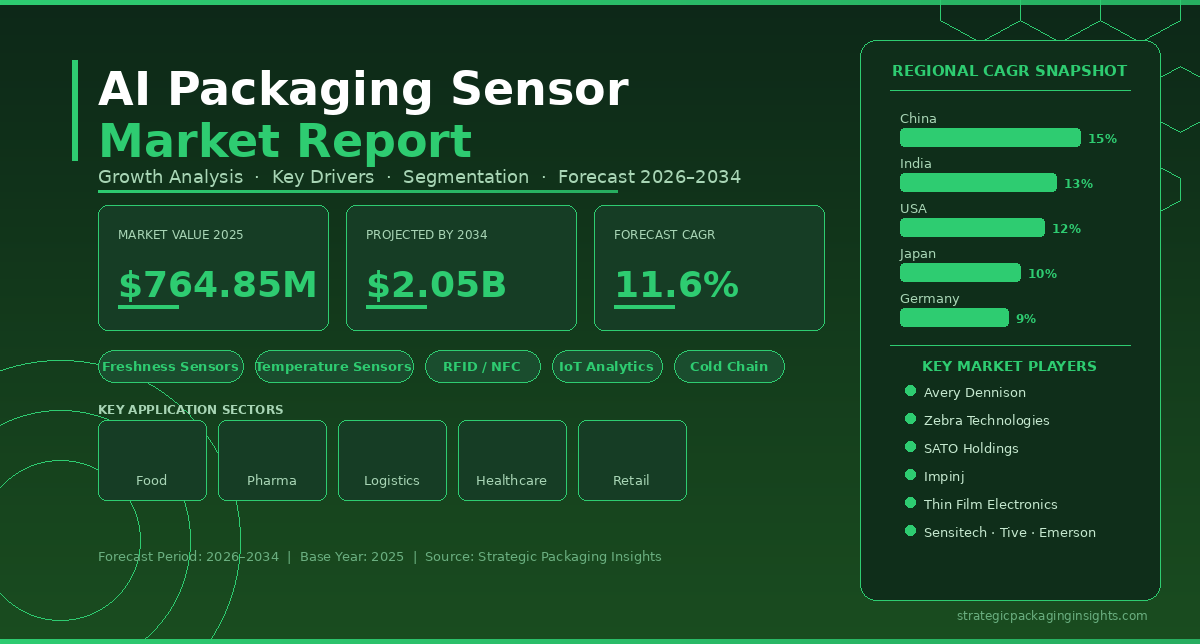 packagingfirm's tweet photo. X Post:

AI Packaging Sensors market hit $764.85M in 2025, heading to $2.05B by 2034 at 11.6% CAGR. Food, pharma &amp; cold chain are driving demand fast. Full report: https://t.co/SweWaYl9RV #AIPackaging #SmartPackaging https://t.co/3uaOmsOzwU