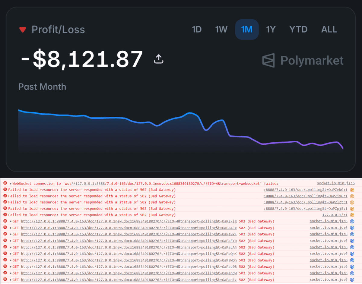 0x_Punisher's tweet photo. Spent weeks perfecting my signal logic last month.

Win rate looked great in testing.
Deployed live.
Started bleeding immediately.

Took me three days to figure out the strategy was never the problem.

The data feeding it was broken the whole time.

This is the lesson that costs every bot builder real money at least once.

Here is exactly why data quality destroys strategy quality every single time:

Your bot makes decisions based on what it sees.

If what it sees is wrong, the decision is wrong regardless of how good the logic behind it is.

Raw websocket feeds from Polymarket are full of problems that most developers never account for.

Stale ticks that arrive late from cached snapshots.

Duplicate messages showing the same price twice.

Gaps from brief disconnects that your bot never noticed happened.

First tick from any new connection that almost always reflects old order book state not current.

Jitter that causes ticks to arrive out of sequence making your bot think price moved when it did not.

Your strategy sees all of this as real market data.

It makes entries based on prices that no longer exist.

It hedges against moves that already happened 400ms ago.

It holds through reversals it would have avoided if the data was clean.

The backtest looked perfect because backtests use clean historical data.

Live trading uses whatever garbage your websocket connection delivers in real time.

That gap between clean backtest data and dirty live data is where most strategies die.

The fix is not complicated but it requires treating data infrastructure as the first priority not an afterthought:

> Validate every tick before it reaches your strategy

> Reject anything that does not pass quality checks

> Run multiple parallel connections and take only the fastest clean tick

Warm up connections before windows open and skip any window where the feed quality fails your minimum threshold.

Fix the inputs first, then look at your logic.

This is the first step you MUST do if you're into bots building.

Also leaving a full guide with most common mistakes attached below.

This will help you a lot.
