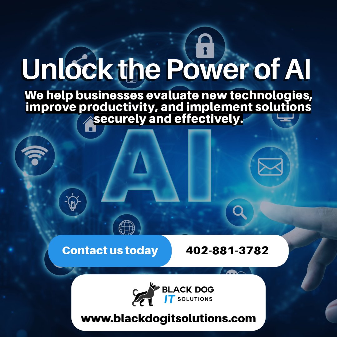 BlackDogSolGrp's tweet photo. Need help navigating new technology? AI is evolving quickly, and many businesses are unsure where to start. If you'd like help understanding how AI tools may fit into your business operations, contact us today. 402-881-3782
#AI #AItechnology #ITOmaha #blackdogitomaha https://t.co/0LYmopYKT4