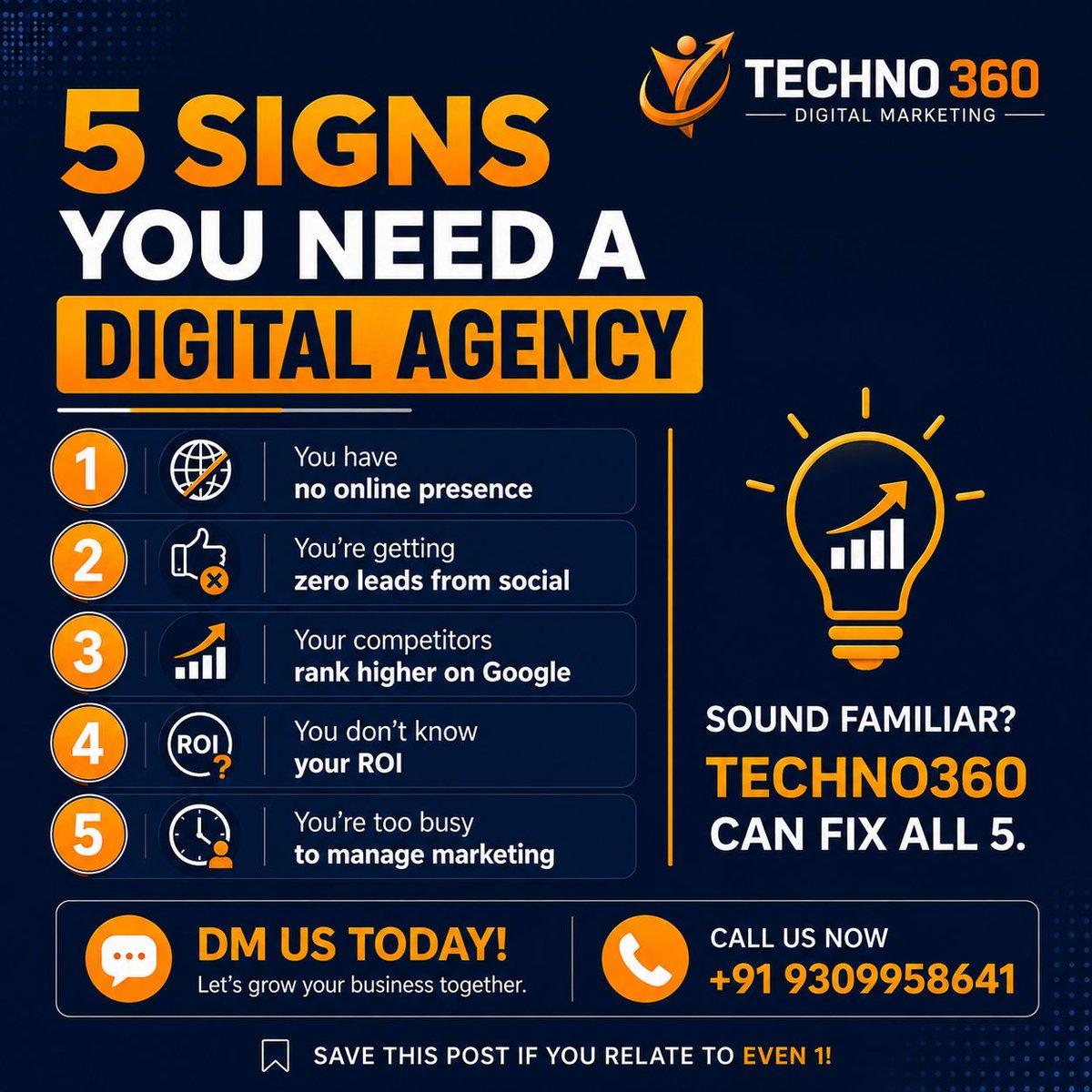 mprajakta01's tweet photo. 🚨 5 Signs You Need a Digital Marketing Agency

• No online presence
• No social media leads
• Competitors rank higher
• No ROI tracking
• No time for marketing

📞 +91 9309958641
📧 [technoteam36@gmail.com](mailto:technoteam36@gmail.com)

#DigitalMarketing #SEO #Techno360 https://t.co/4mlwbwf9Jz