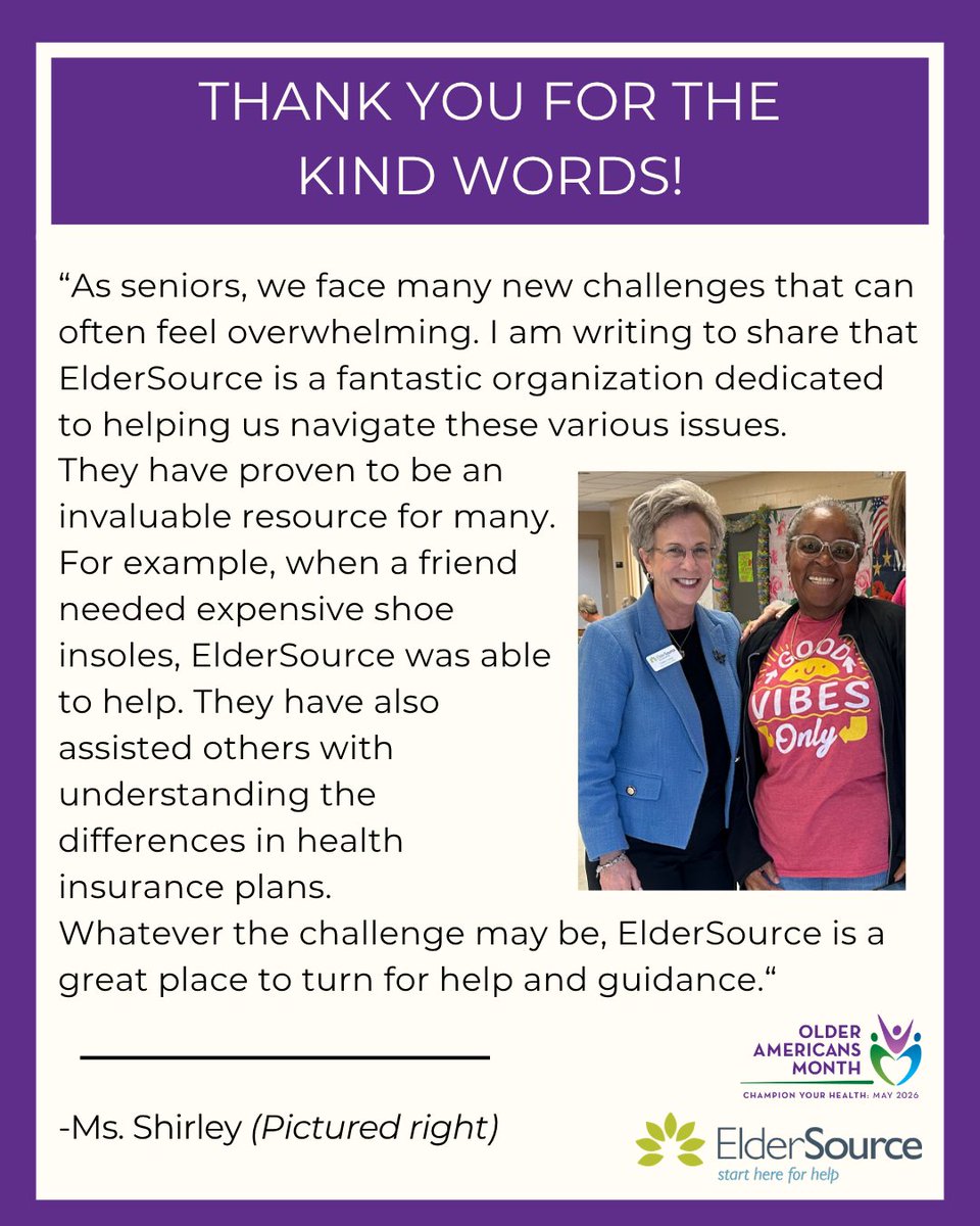 Eldersourcejax's tweet photo. Thank you for the kind words.💜Ms. Shirley attends the Oceanway Senior Center and shared these kind words about ElderSource and how we've supported older adults across Northeast Florida. Happy #OlderAmericansMonth! https://t.co/wsHr19Pudb