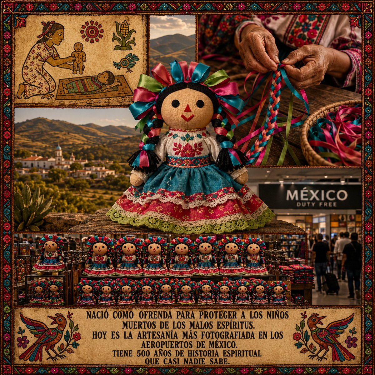 DonPorfirioDiaz's tweet photo. La muñeca más fotografiada en los aeropuertos de México nació en una tumba. Antes de ser una artesanía, la muñeca Lele era un juguete de uso cotidiano para las niñas y niños de la región. Sin embargo, es posible rastrear un origen más antiguo: el ritual, pues antes de la llegada de los españoles se producían muñecas hechas con arcilla, palma y cabellos de maíz para colocarlas sobre las tumbas de los niños que morían. Principalmente estas figuras se creaban para proteger a los niños difuntos de malos espíritus en su regreso a la eternidad. Era una ofrenda de viaje, no un juguete. La muñeca Lele es originaria del Pueblo Mágico de Amealco de Bonfil, Querétaro, y su nombre proviene del otomí que significa "bebé". Con la llegada de los españoles a la Nueva España llegaron también muchas tradiciones y costumbres europeas, entre ellas muñecas de trapo, y la Lele se transformó en el sincretismo que define a la cultura mexicana: raíz prehispánica con materiales y formas coloniales. La muñeca cuenta con varios elementos representativos de la cultura otomí: sus llamativas trenzas adornadas con listones de colores en forma de corona y su típica indumentaria, idéntica a la que utilizan sus creadoras. Las hacen mujeres otomíes de las comunidades de Santiago de Mexquititlán y San Ildefonso Tultepec, que aprendieron el oficio de sus madres y abuelas y que en muchos casos viven de esa artesanía. Fue nombrada Patrimonio Cultural del estado de Querétaro el 18 de abril de 2018. En 2022 apareció en la Copa del Mundo de Qatar. En 2023 el gobierno mexicano lanzó la iniciativa Lele Por El Mundo, y la muñeca visitó San Francisco, Madrid, Londres, Sídney y Shanghái como embajadora cultural oficial de México. La figura que nació para acompañar a los niños muertos en su viaje a la eternidad terminó recorriendo el mundo entero. Es el mejor itinerario que pudo tener.