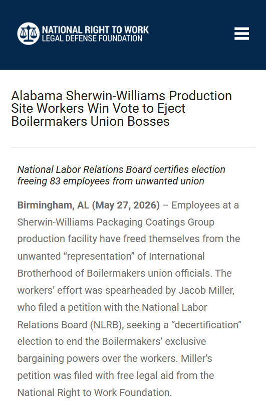 RightToWork's tweet photo. The workers' effort was spearheaded by Jacob Miller who filed a petition with the National Labor Relations Board (NLRB) seeking a "decertification" election to end the Boilermakers' exclusive bargaining powers over the workers. https://t.co/JMeBex9o6p