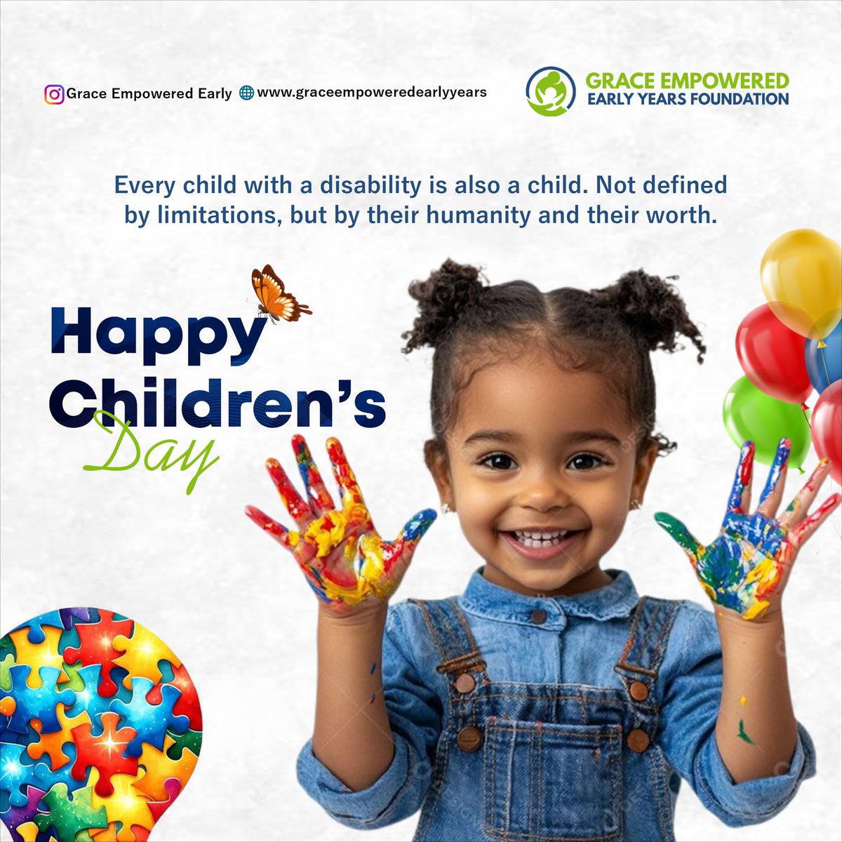 EmpoweredEarly's tweet photo. This Children’s Day, we celebrate the strength, joy, uniqueness, and endless potential of children with disabilities.

Happy Children’s Day to all our amazing children!

 #ChildrensDay #childrensdaycelebration #ChildrensDaySpecial #disability #graceempowered https://t.co/NqUZ6iiwUm