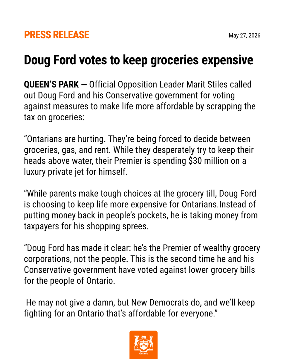 OntarioNDP's tweet photo. #NEW: Doug Ford votes to keep groceries expensive https://t.co/8dYkYFtJrU