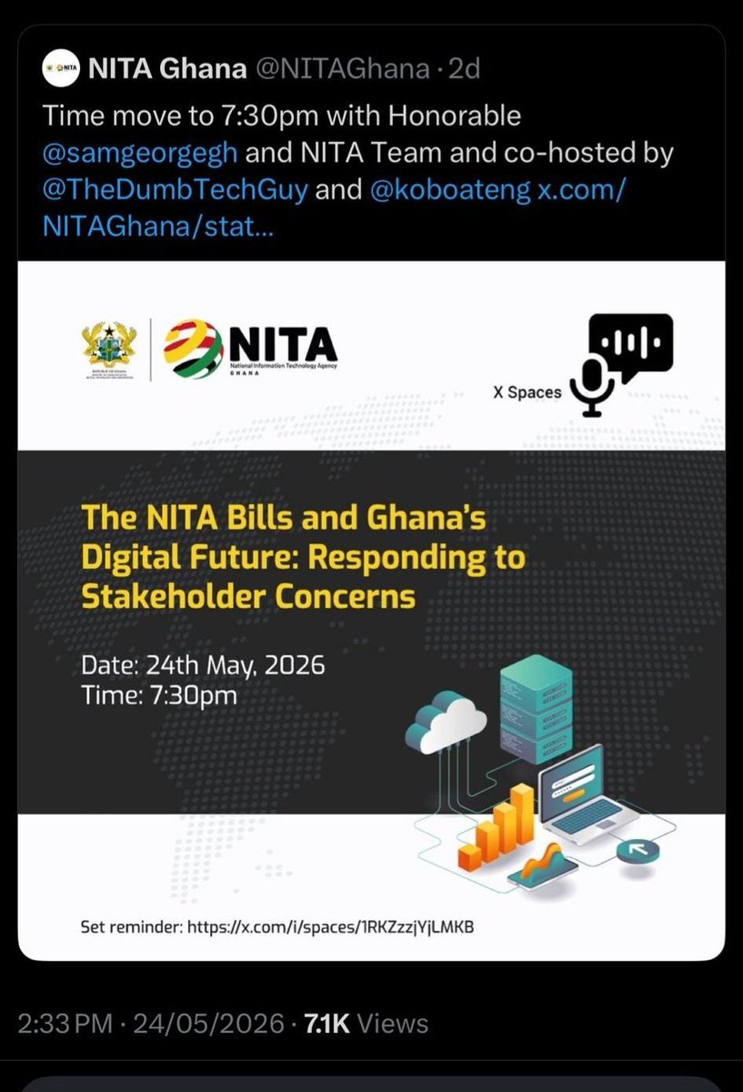JoshMclenses's tweet photo. @samgeorgegh When NITA tagged you in this post, why did you not respond to the tweet or say nobody from the ministry had contacted @koboateng to be a co-host on the x space?
"NITA is not responsible for policy making" but NITA organized the X space.
Is the ministry not having an x account? https://t.co/fYOLnSRv71