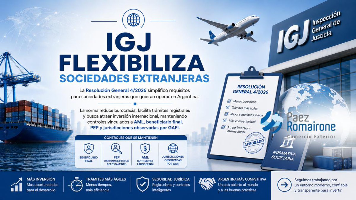 Paezromairone's tweet photo. Simplifica requisitos para sociedades extranjeras que quieran operar en Argentina.

La norma reduce burocracia, facilita trámites registrales y busca atraer inversión extranjera, manteniendo controles vinculados a AML, beneficiario final, PEP y jurisdicciones observadas por GAFI. https://t.co/huLiNWDkgr