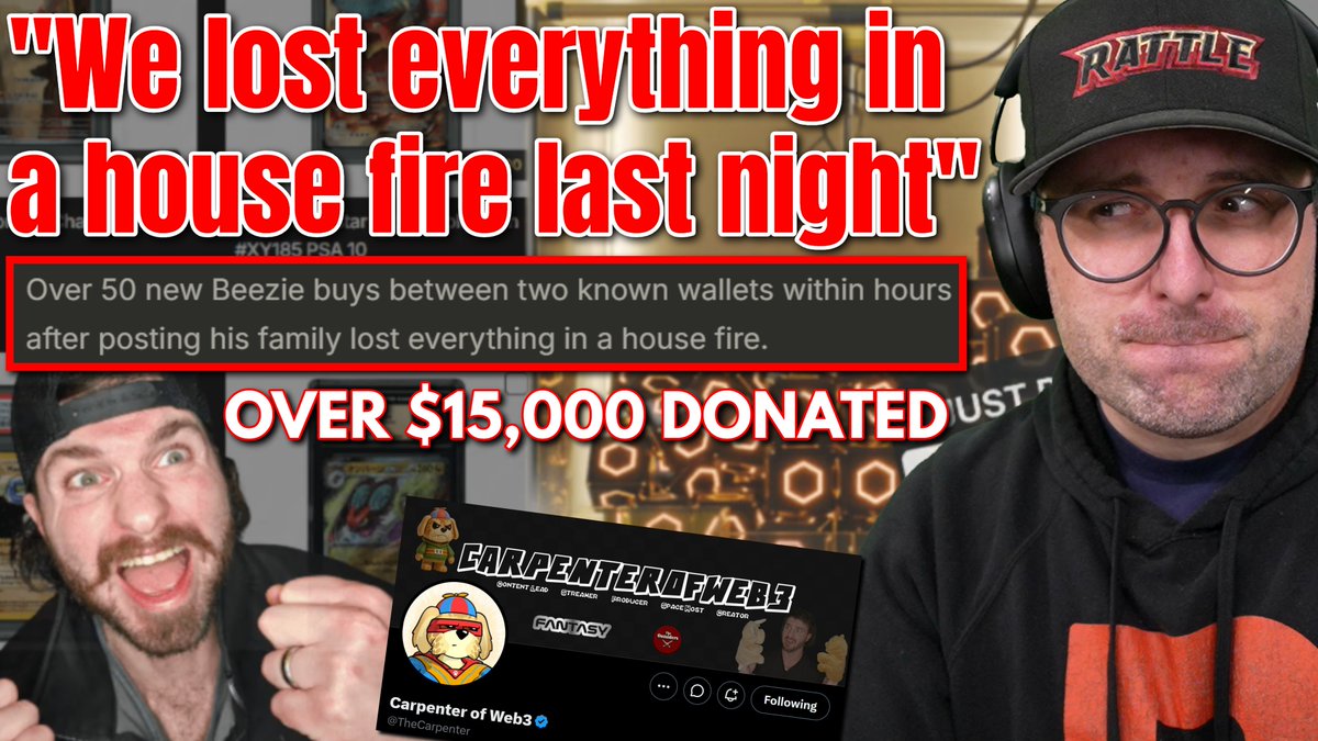 RattlePokemon's tweet photo. Did This Pokemon Card Gambling Streamer Fake A House Fire For Crypto Donations? Carpenter of Web3 https://t.co/hejgtk1eX9