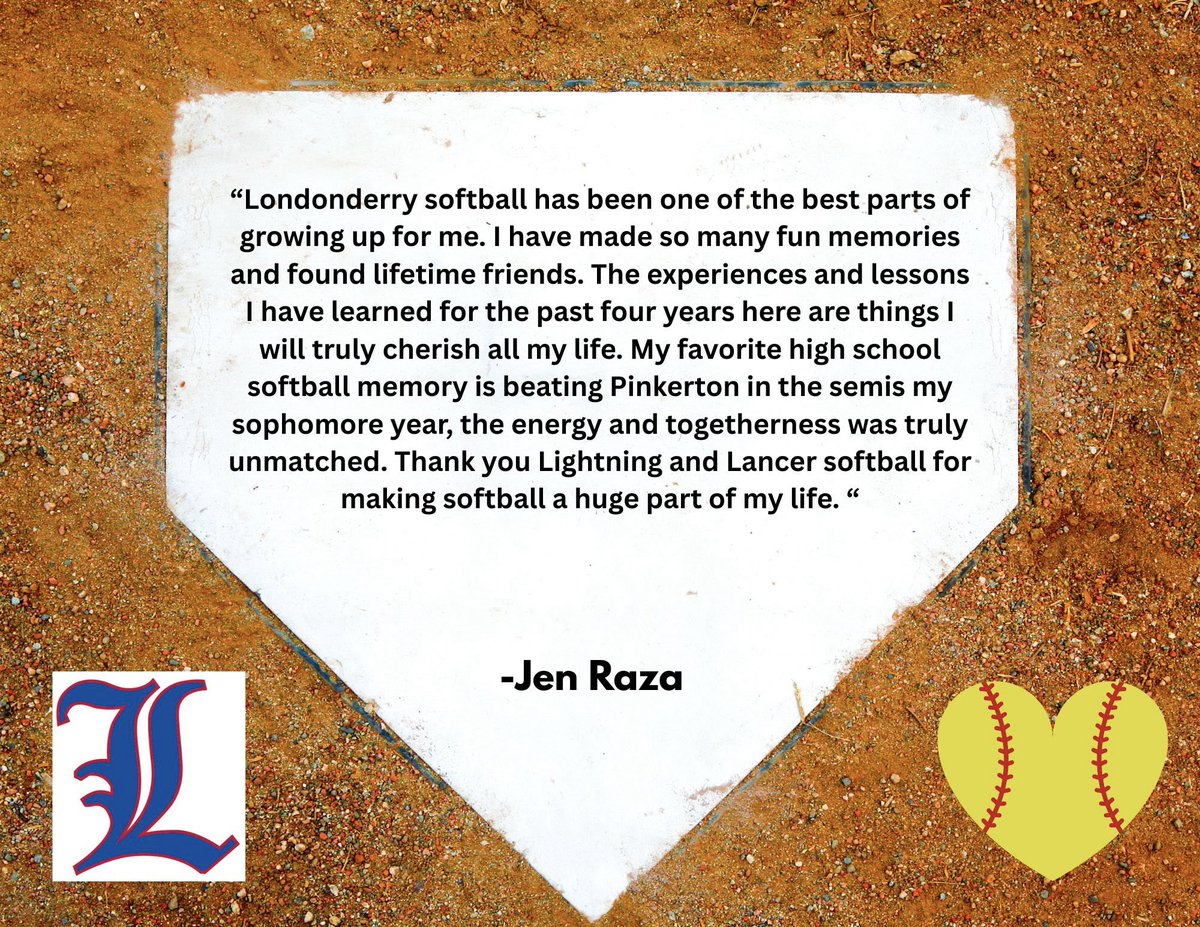 LancerSoftball's tweet photo. Our seventh senior is one of our captains, #12, Jen Raza . Jen will be attending the University of NH in the fall and studying business. See below to see what she had to say about her experience with LHS Softball. Congratulations Jen! 🎉🎓🥎 https://t.co/Xpp0929aHO