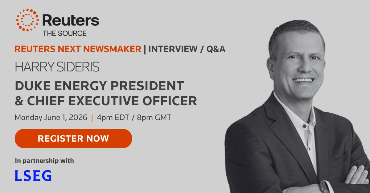 reutersevents's tweet photo. Data centres. Electrification. Industrial growth ➡️ #power demand is soaring.

Hear from @DukeEnergy CEO @HarrySideris in a @reuters_next Newsmaker interview for insights on strategy, regulation &amp; U.S. energy infrastructure.

📅 June 1 |  4pm EDT🔗https://t.co/jqGi6Rf7Er https://t.co/3zNLKopkNy