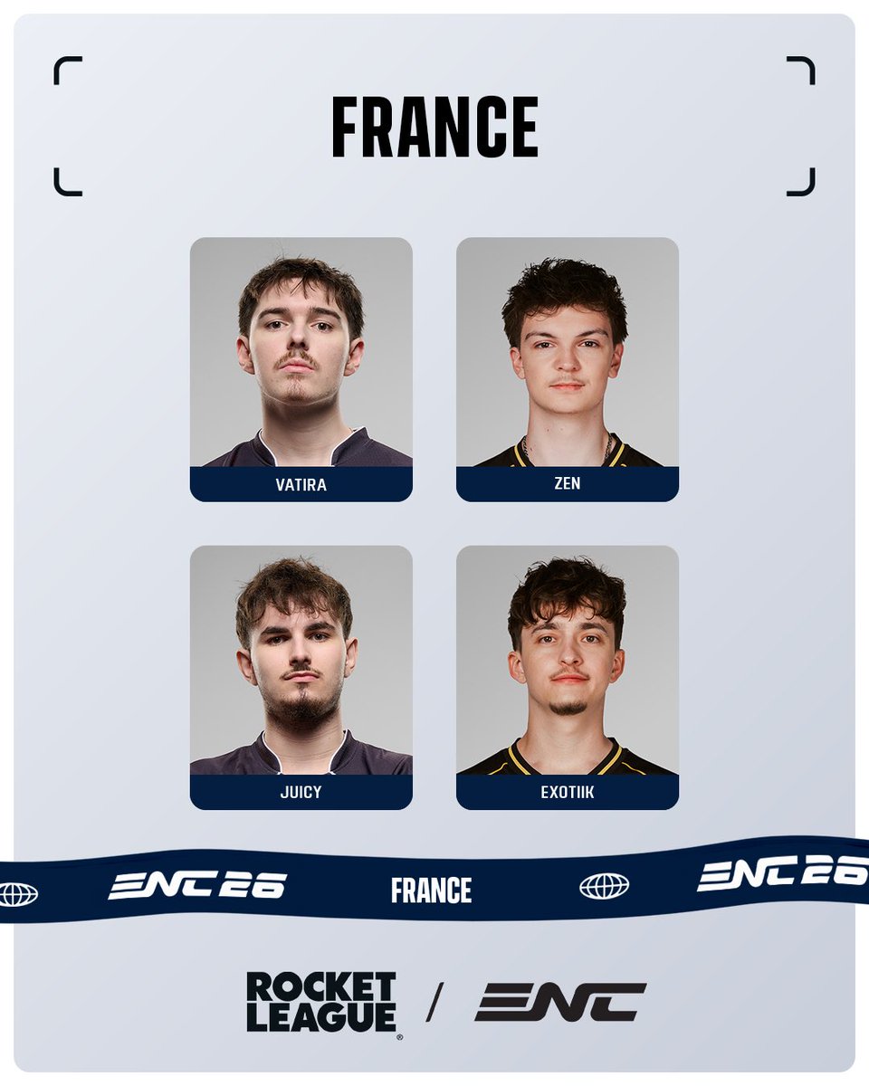 RocketBaguette's tweet photo. 🇫🇷🚨 L'ÉQUIPE DE FRANCE POUR L'@ENC_EN EST OFFICIELLE !

@Vatira5
@zenrll
@juicyyrl
@exotiikrl

📅 Novembre 2026

via @TeamFRA_Esports