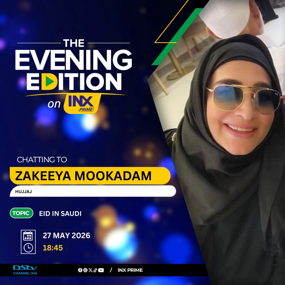 InxPrime's tweet photo. Coming up tonight on The Evening Edition on INX

We chat to Phumelele Sakina Dolamo, founder of Tranquil Studios, who shares beautiful Eid table décor ideas, while Zakeeya Mookadam reflects on celebrating Eid in Saudi Arabia. We’ll also enjoy soulful naats and qiraat by Qari Abdul-Maalik Rajab in the spirit of Eid ul-Adha.

#TheEveningEdition #INXPrime #EidUlAdha #EidDecor #EidInSaudi #Qiraat #Naats #FaithAndCelebration