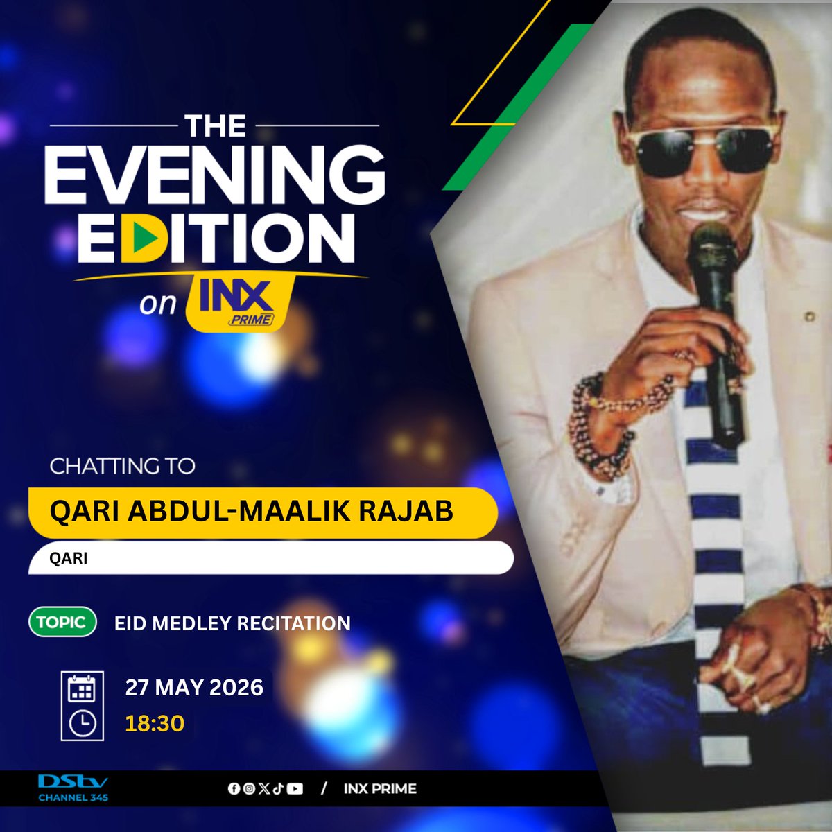 InxPrime's tweet photo. Coming up tonight on The Evening Edition on INX

We chat to Phumelele Sakina Dolamo, founder of Tranquil Studios, who shares beautiful Eid table décor ideas, while Zakeeya Mookadam reflects on celebrating Eid in Saudi Arabia. We’ll also enjoy soulful naats and qiraat by Qari Abdul-Maalik Rajab in the spirit of Eid ul-Adha.

#TheEveningEdition #INXPrime #EidUlAdha #EidDecor #EidInSaudi #Qiraat #Naats #FaithAndCelebration
