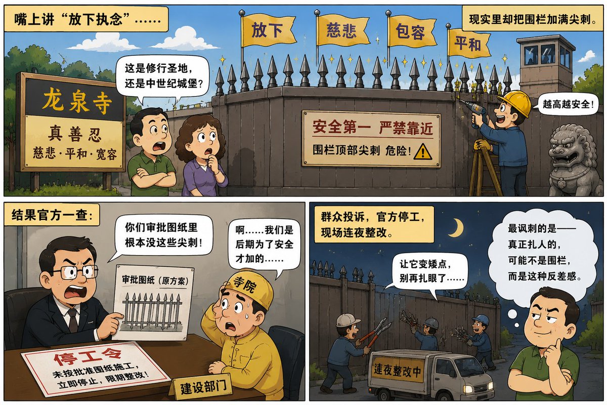 Jcantu95's tweet photo. 嘴上讲“放下执念”，
现实里却把围栏加满尖刺。邻居看完都懵了：
“这是修行圣地，还是中世纪城堡？” 🏰结果官方拿着审批图一对：
“你们后来偷偷加料了吧？”最讽刺的是——
真正扎人的，可能不是围栏，而是这种反差感。#龙泉寺 #法轮功 #围栏尖刺 https://t.co/5HtytS4ejL