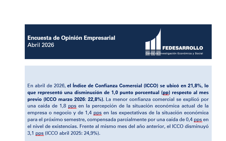 larepublica_co's tweet photo. #Atento | En abril de 2026, el Índice de Confianza Comercial, Icco, elaborado por Fedesarrollo, se ubicó en 21,8%, lo que representó una disminución de 1,0 punto porcentual (pp) respecto al mes previo https://t.co/qrATNx4cQw
