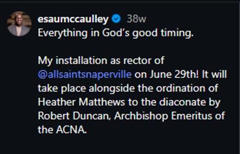 DOMA_Misconduct's tweet photo. Breaking: @The_ACNA's college of bishops appointed Fmr Abp Robert Duncan as interim bishop of the DWGC.

Duncan is one of the strongest advocates for ordaining women as priests.

Can a man with Fr Sharpe's Biblical convictions become a bishop in the ACNA?

The answer is NO. https://t.co/obLn1vKLT8