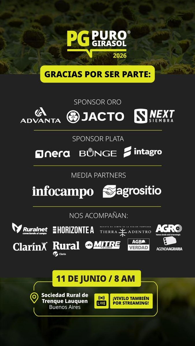baqueagustin's tweet photo. Muy contento de ser parte de este congreso de girasol, a realizarse en Trenque Lauquen el día 11 de junio!.

Muchas gracias @advantaseedsarg  y resto de los sponsors por invitarme a ser parte en el panel de comercialización junto a @paulina_lescano !.

Nos vemos ahi! https://t.co/bz3J52wB46