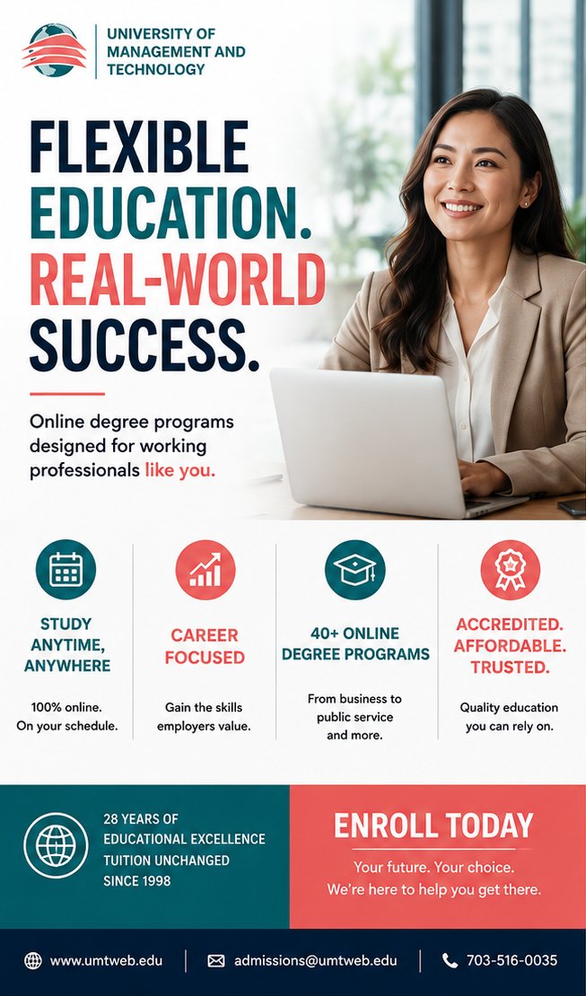 UMTconnect's tweet photo. Flexible education. Real-world success. Continue career goals while balancing busy schedules.
✔ Career-focused pathways
✔ 40+ online degree programs
✔ Affordable and accredited education
Explore UMT programs: https://t.co/mX6EMygHlq
#OnlineEducation #WorkingProfessionals #UMT https://t.co/K5xN6fQB7J