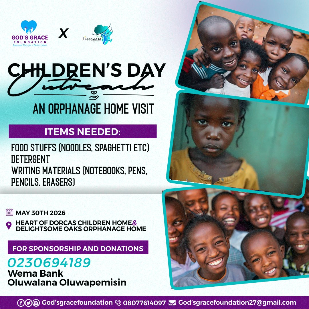 GOGRFO's tweet photo. Happy Children's Day from GGF 

On this special day dedicated to children across the world, We at God's Grace foundation extend our heartfelt wishes to every child across Nigeria and the globe.

#ChildrensDay #GGF #GodsGraceFoundation #Global #Greatminds #greatminds #child https://t.co/Oq0h283mpV