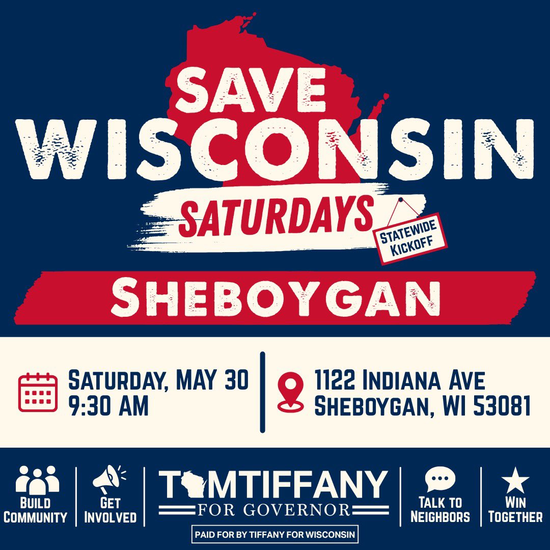 TylerWelschWI's tweet photo. 🚨SHEBOYGAN COUNTY AND SURROUNDING AREAS🚨

Join us for our first Super Saturday right here in Sheboygan County! This is a great opportunity to learn more about Tom’s campaign and get involved. Bring your friends and see you on Saturday!
@TiffanyWarRoom 
@TomTiffanyWI https://t.co/0Vrgy3NZQ8