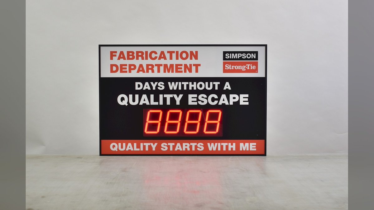 CousignLLC's tweet photo. Quality accountability starts with visibility. Custom safety scoreboard for Simpson Strong-Tie tracks quality metrics with department branding that reinforces ownership. #cousign #workplacesafety #qualitycontrol #manufacturing https://t.co/ZSOur7udqA