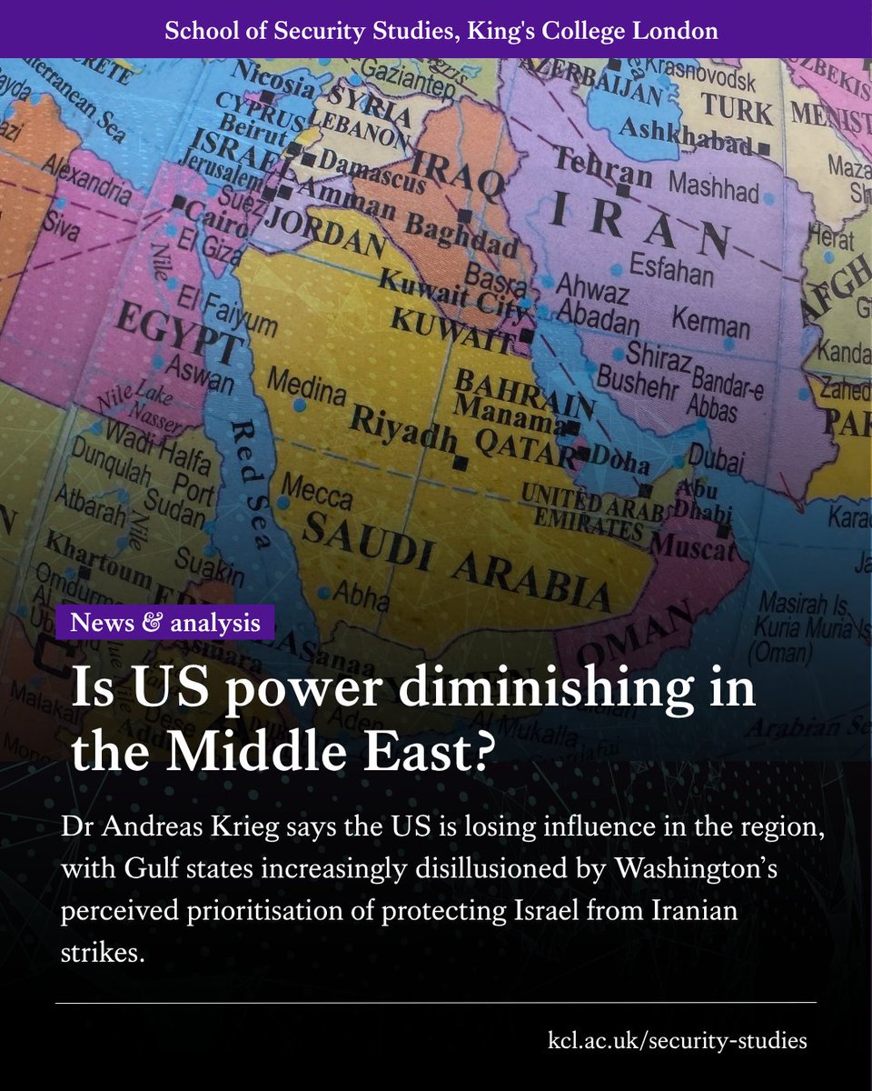 KCLSecurity's tweet photo. Is #US power diminishing in the Middle East?
Dr Andreas Krieg says the US is losing influence in the region, with #Gulf states increasingly disillusioned by Washington’s perceived prioritisation of protecting Israel from Iranian #strikes.
🔗https://t.co/WvWCQr9bRJ
#Iran https://t.co/hQ2bybj0X1