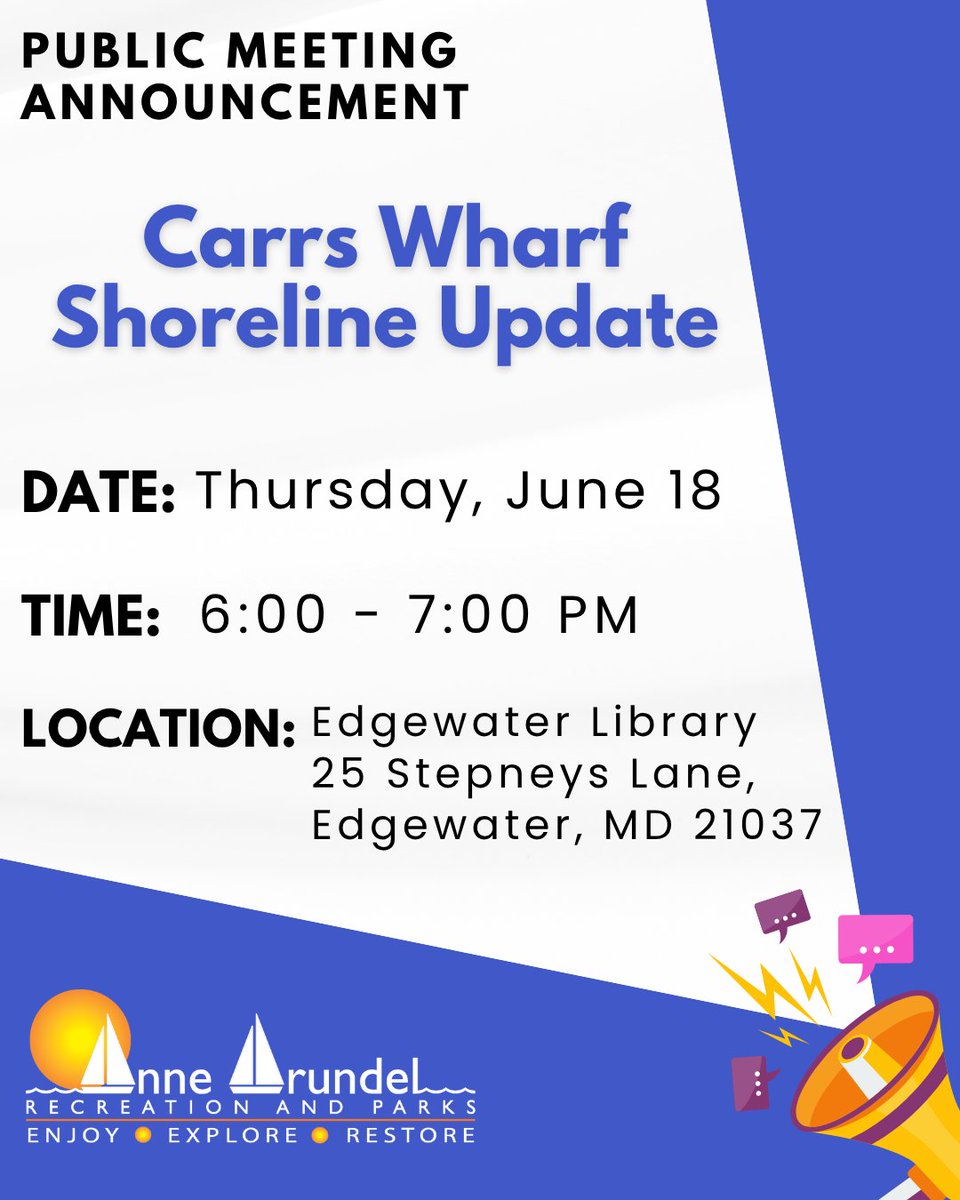RecParks's tweet photo. Join us for a public meeting on the Carrs Wharf Living Shoreline Project! 🌊🌾 See plans to fight erosion, add protective stone revetments, and boost coastal resiliency. Come ask questions and meet the team!

🗓️ Thursday, June 18 | 6:00 PM – 7:00 PM
📍 Edgewater Library https://t.co/SlhPivKRkF