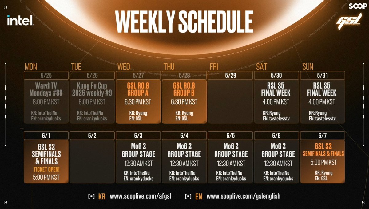 Periodistasc2's tweet photo. NEW SERIES INCOMING!

Check out the SC2 weekly schedule powered by @SOOP_EN.

#GSL #SC2 @ReviveSC2 @comeback_tv https://t.co/05m3i3VBM2
