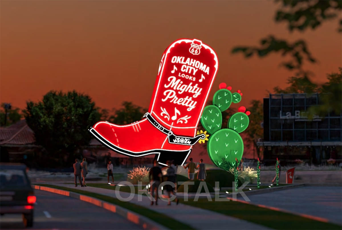 OKCTalk's tweet photo. Installation is almost complete on "Kicks 66", a massive 35-foot-tall, illuminated red cowboy boot sculpture in Oklahoma City celebrating the 100th anniversary of Route 66.

Designed by local artist Cameron Eagle, the 6-ton aluminum monument features the stitched lyric, "Oklahoma City Looks Mighty Pretty"

The location is just east of the @ncwhm  National Cowboy and Western Heritage Center near NE 63rd and MLK Boulevard.